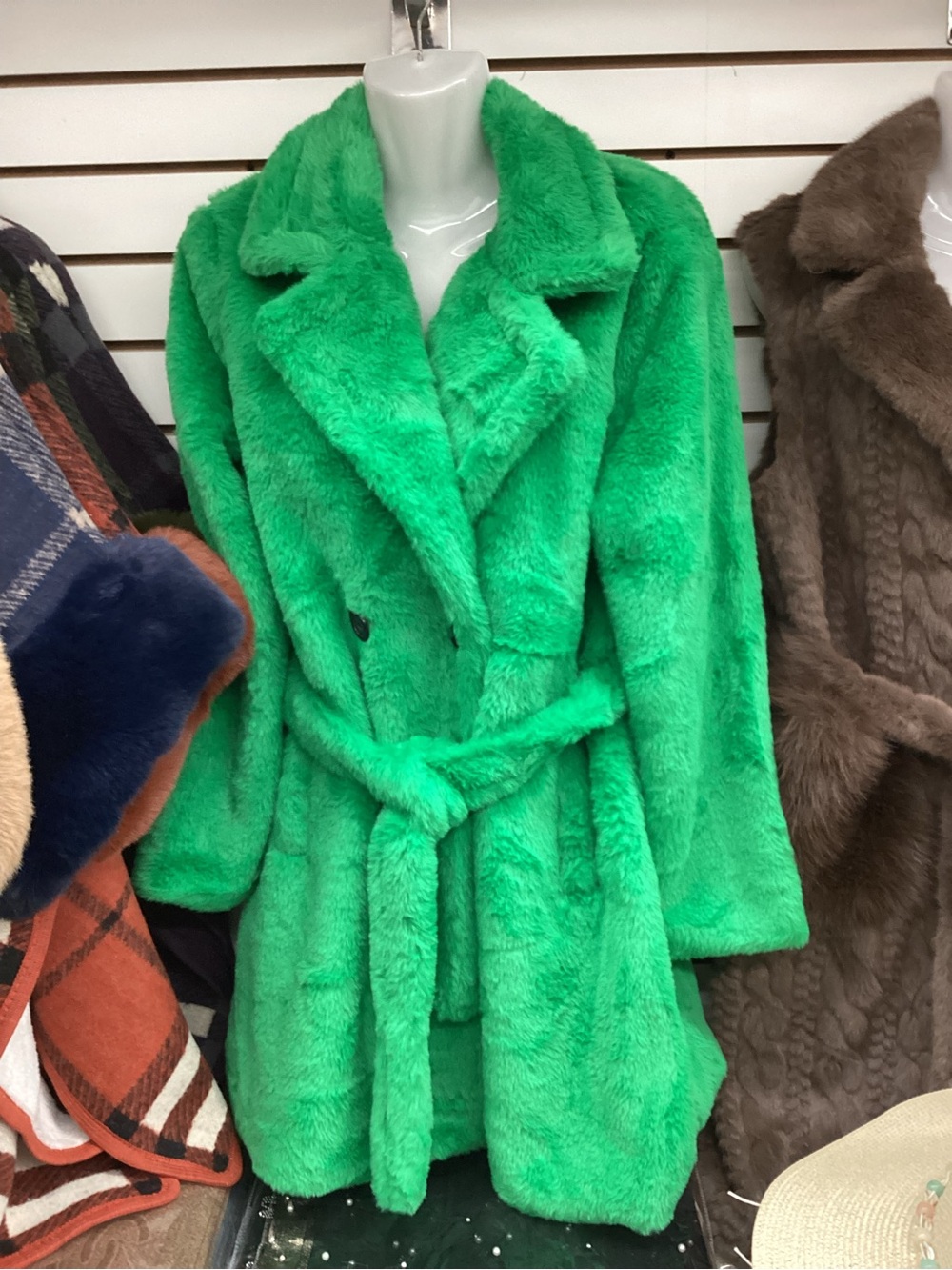 Green Faux Fur Belted Coat - Unbranded